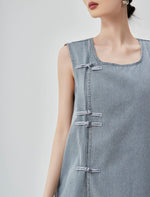 Load image into Gallery viewer, Denim Pankou Button Shift Dress in Blue
