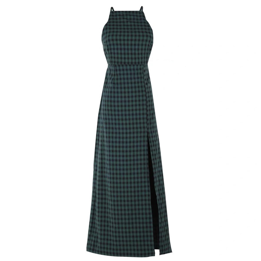 Checked Tie Back Slit Maxi Dress in Green