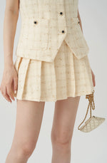 Load image into Gallery viewer, Tweed Vest Blouse + Pleated Mini Skirt in Yellow
