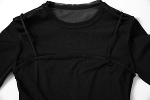 Sheer Long Sleeve Cami Top in Black