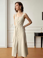 Load image into Gallery viewer, Tailored Button Tie Slit Dress in Beige
