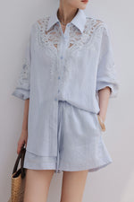Load image into Gallery viewer, Linen Floral Lace Shirt // Shorts Set in Blue

