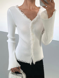 Fray Edge Trumpet Sleeve Cardigan Top [2 Colours]