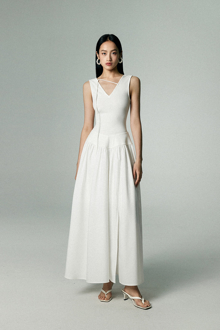 Drop Waist V Maxi Dress in White