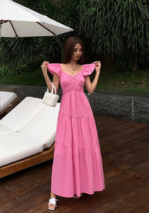 Flutter Sleeve Panel Pocket Maxi Dress in Pink