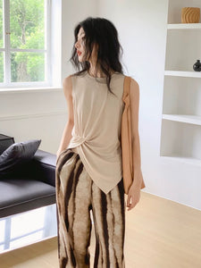 Sleeveless Drape Shirring Top in Beige