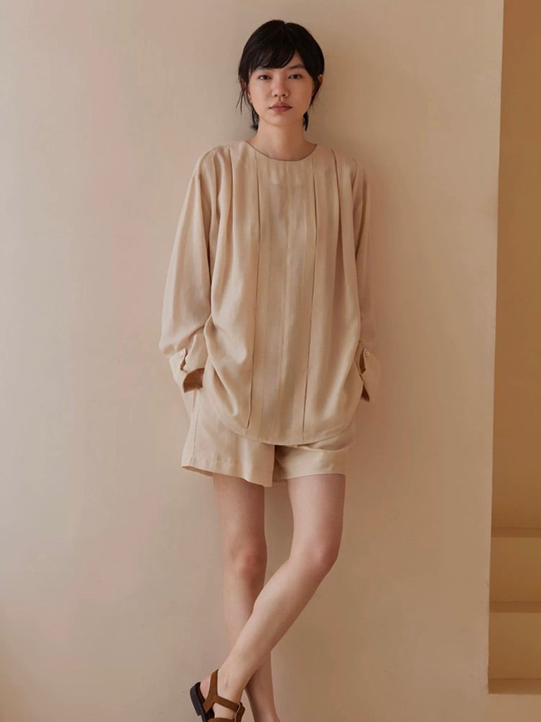 Tencel Blouse + Shorts Set in Beige