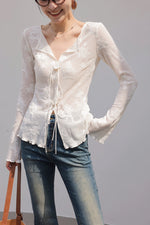 Load image into Gallery viewer, Floral Flute Sleeve Tie Top in White
