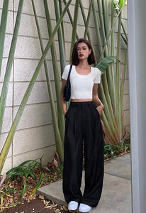 Tencel Blend Ribbed Cropped Tee in Black