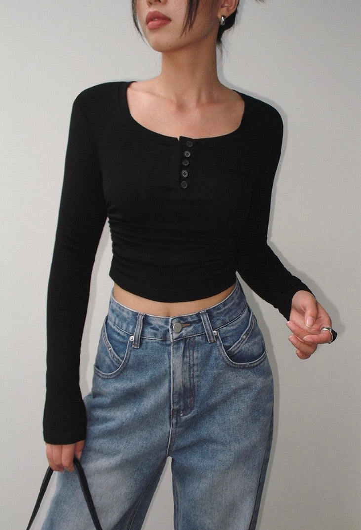 Cropped Button Long Sleeve Top in Black