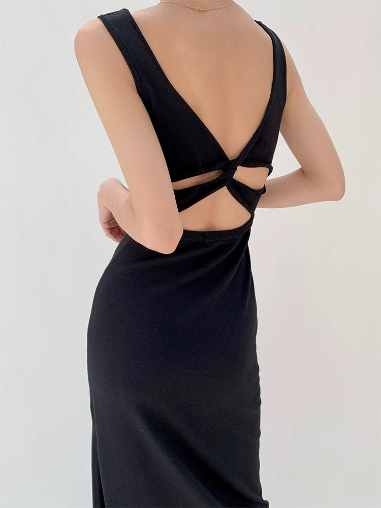 Cutout Twist Back Slit Dress in Black