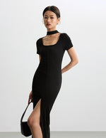 Load image into Gallery viewer, Cutout Slit Tee Stretch Dress in Black
