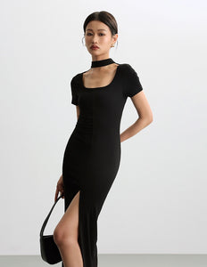 Cutout Slit Tee Stretch Dress in Black