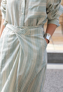 Linen Blend Striped Tie Maxi Skirt in Green