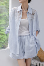 Load image into Gallery viewer, Linen Floral Lace Shirt // Shorts Set in Blue
