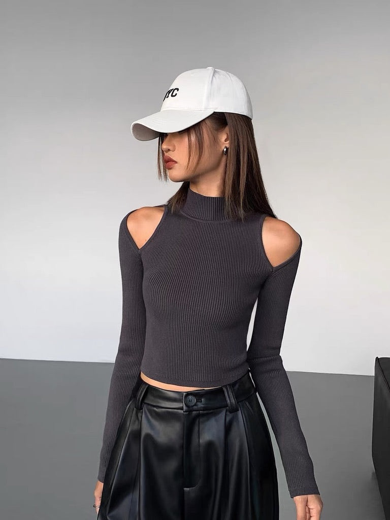 Shoulder Cutout Turtleneck Knit Top in Grey