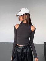 Load image into Gallery viewer, Shoulder Cutout Turtleneck Knit Top in Grey
