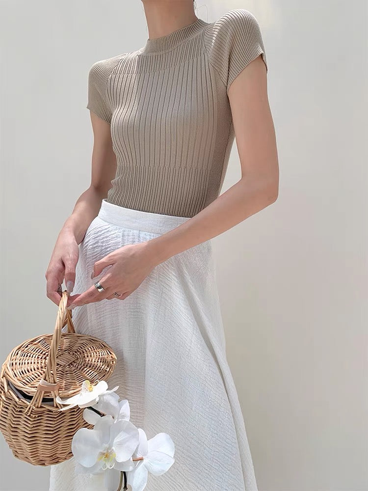 Light Knit High Neck Ribbed Top in Latte