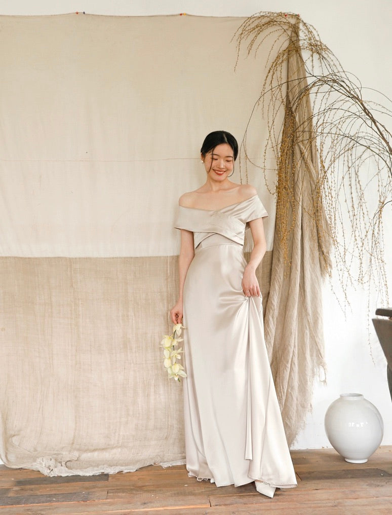Off Shoulder Pleat Maxi Dress in Champagne