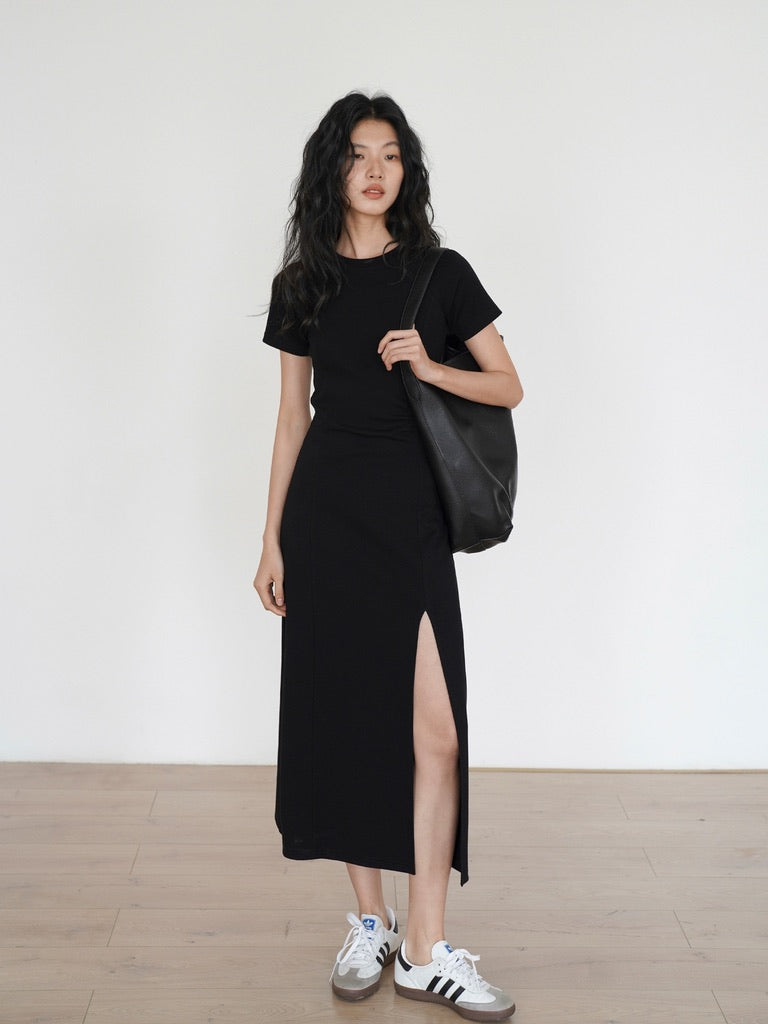 Slit Tee Dress in Black