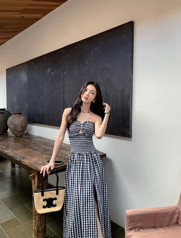 Checked Bustier Slit Maxi Dress in Black