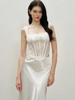 Load image into Gallery viewer, Lace Satin Bustier Top// Maxi Slip Skirt in White

