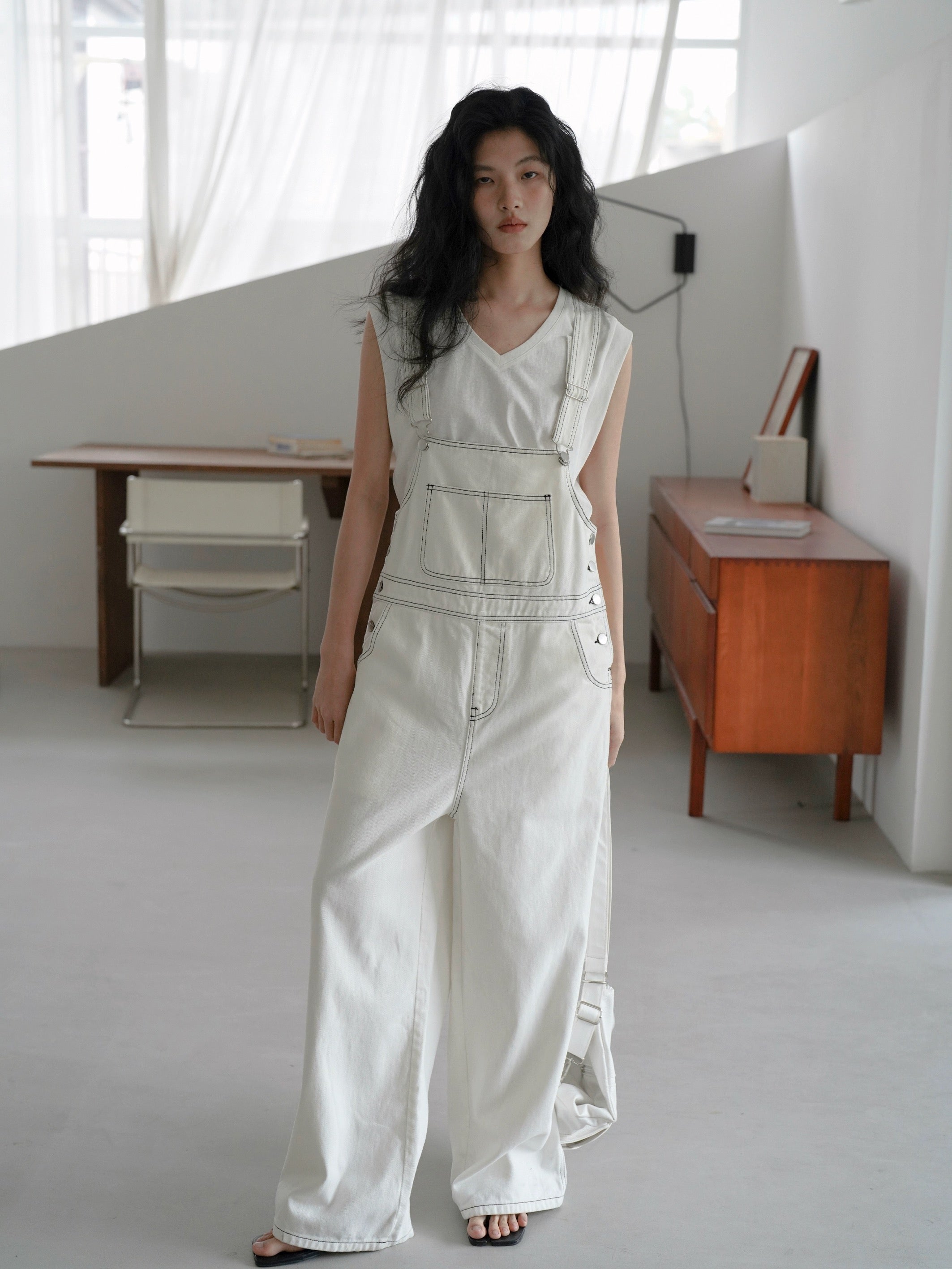 Contrast Stitching Overalls in White