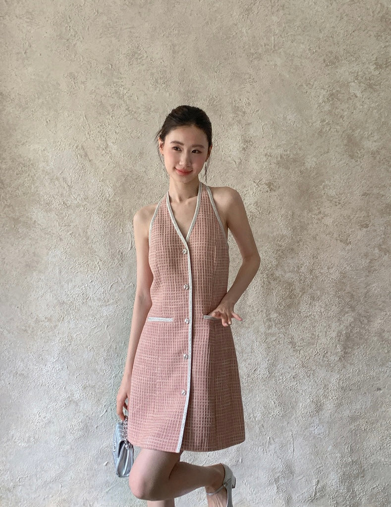 Tweed Halter Button Dress in Pink