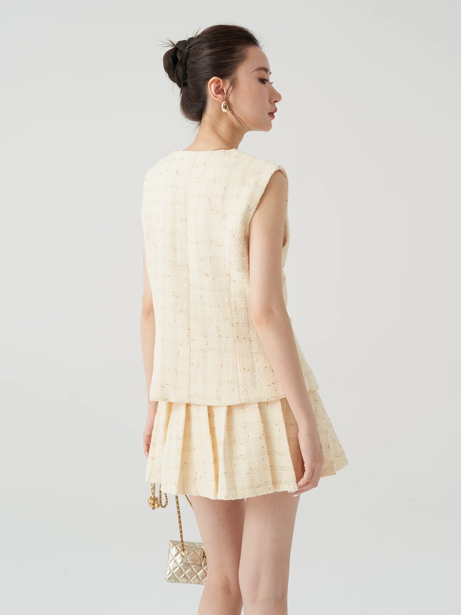 Tweed Vest Blouse + Pleated Mini Skirt in Yellow