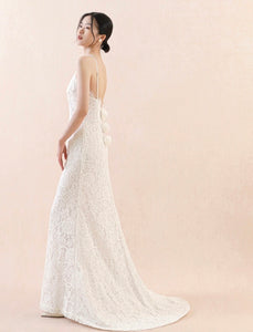 Drop Back Floral Lace Gown in White