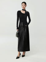 Load image into Gallery viewer, H-Line Faux Leather Slit Skirt in Black
