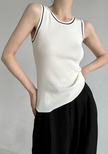 Light Knit Contrast Line Tank Top in Cream