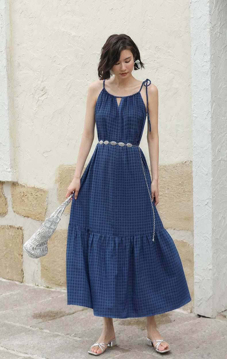 Checked Flute Hem Maxi Dress in Blue