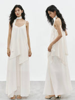 Load image into Gallery viewer, Asymmetric Layered Maxi Dress + Neck Drape in Cream
