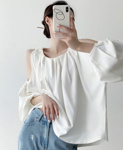 Shoulder Cutout Gather Blouse [2 Colours]