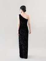 Load image into Gallery viewer, Sequin Toga Slit Maxi Dress in Black
