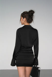 Satin Mini Shirt Dress in Black