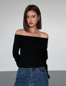 Off Shoulder Knitted Sweater in Black