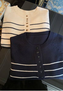 Knitted Striped Button Sweater in Navy