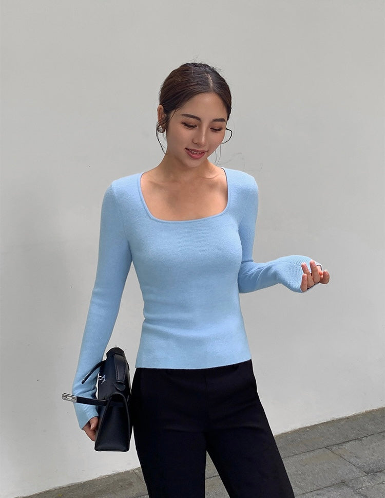 Light Knit Square Neck Top in Blue