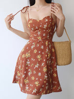 Load image into Gallery viewer, Ibizia Floral Tie Strap Mini Dress in Brown
