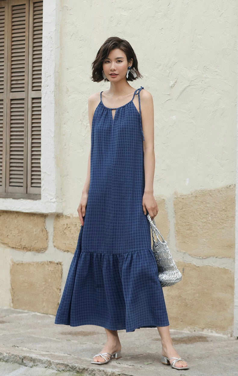 Checked Flute Hem Maxi Dress in Blue