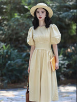 Load image into Gallery viewer, Checked Puff Sleeve Midi Dress in Yellow
