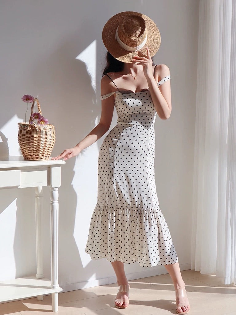 Polka Drop Shoulder Flute Hem Dress in White