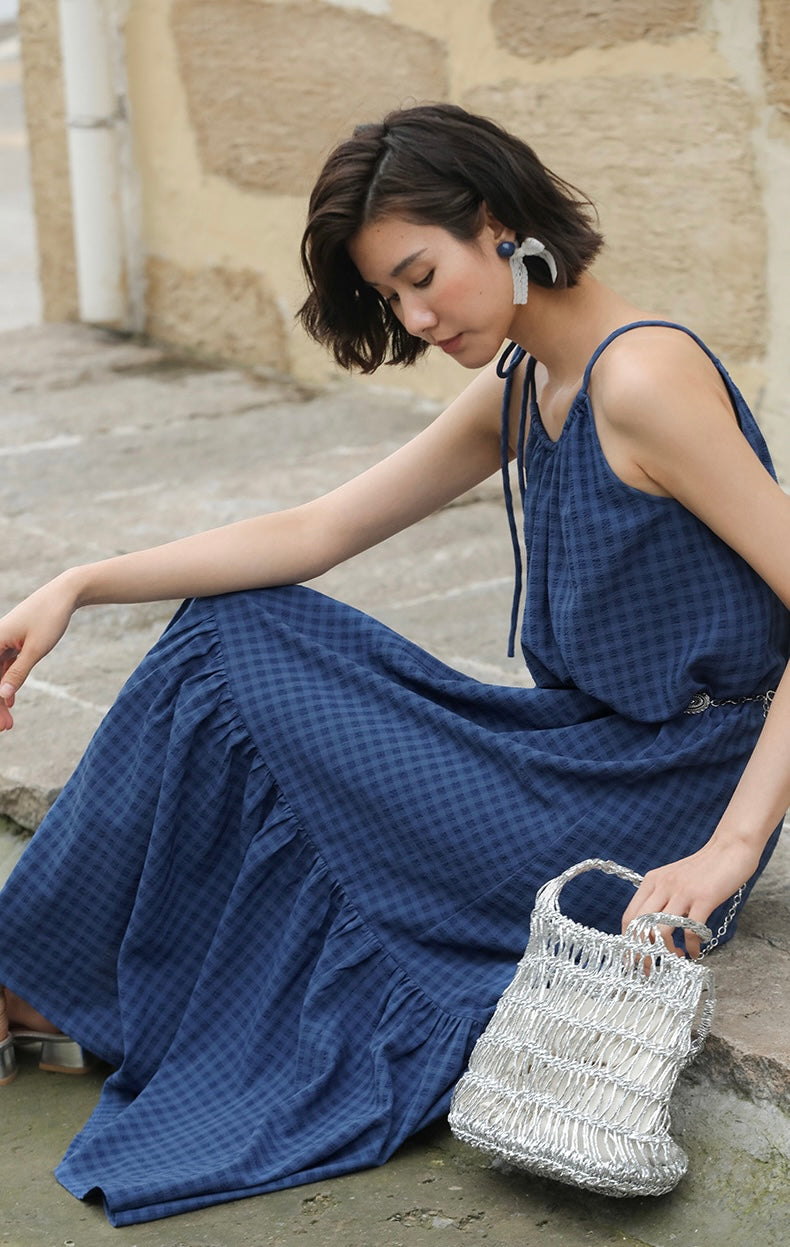 Checked Flute Hem Maxi Dress in Blue