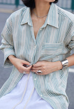 Load image into Gallery viewer, Linen Blend Striped Shirt in Green
