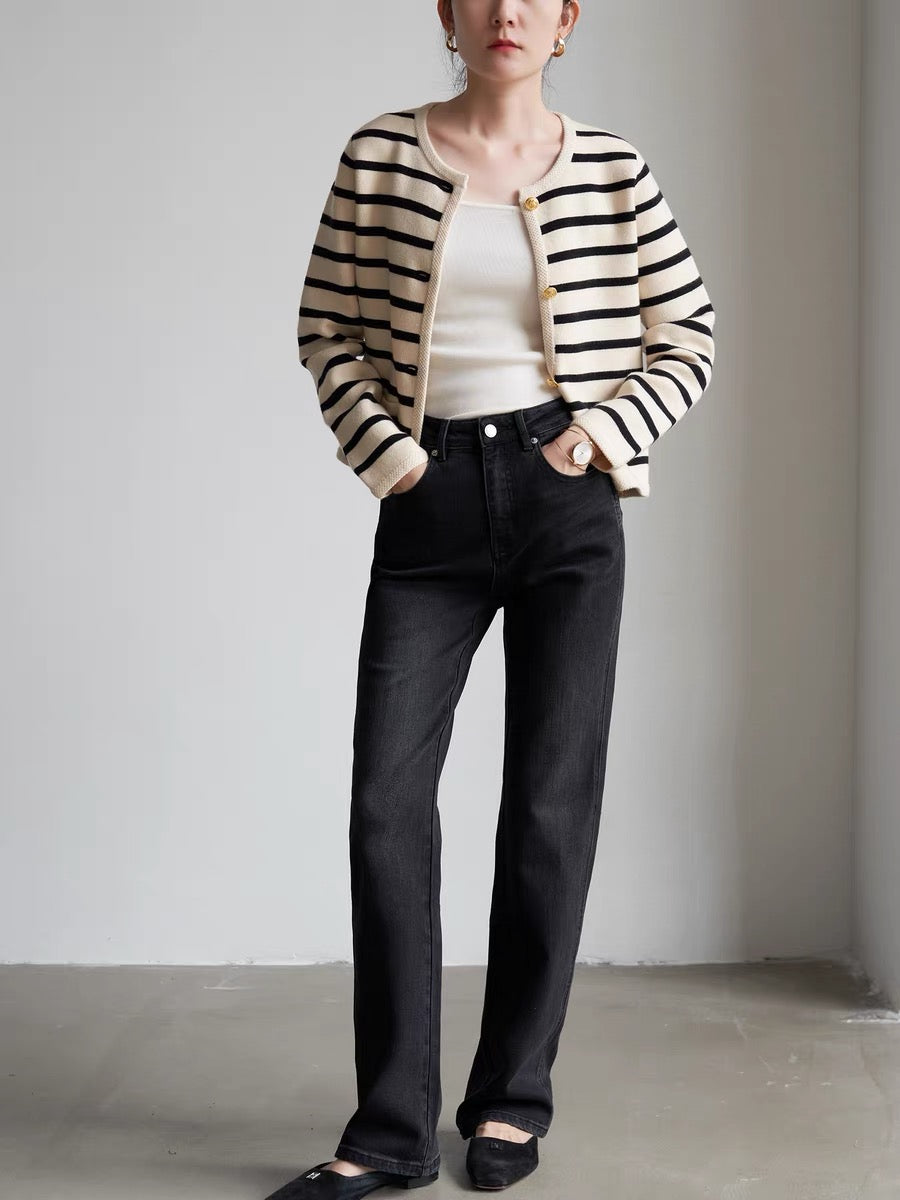 Wool Blend Striped Cardigan in Cream