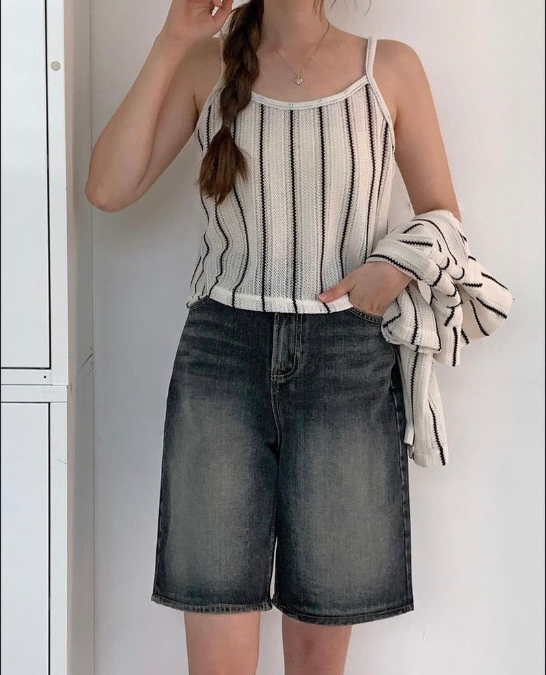 Korean Striped Cami + Shirt Set in Cream/Black