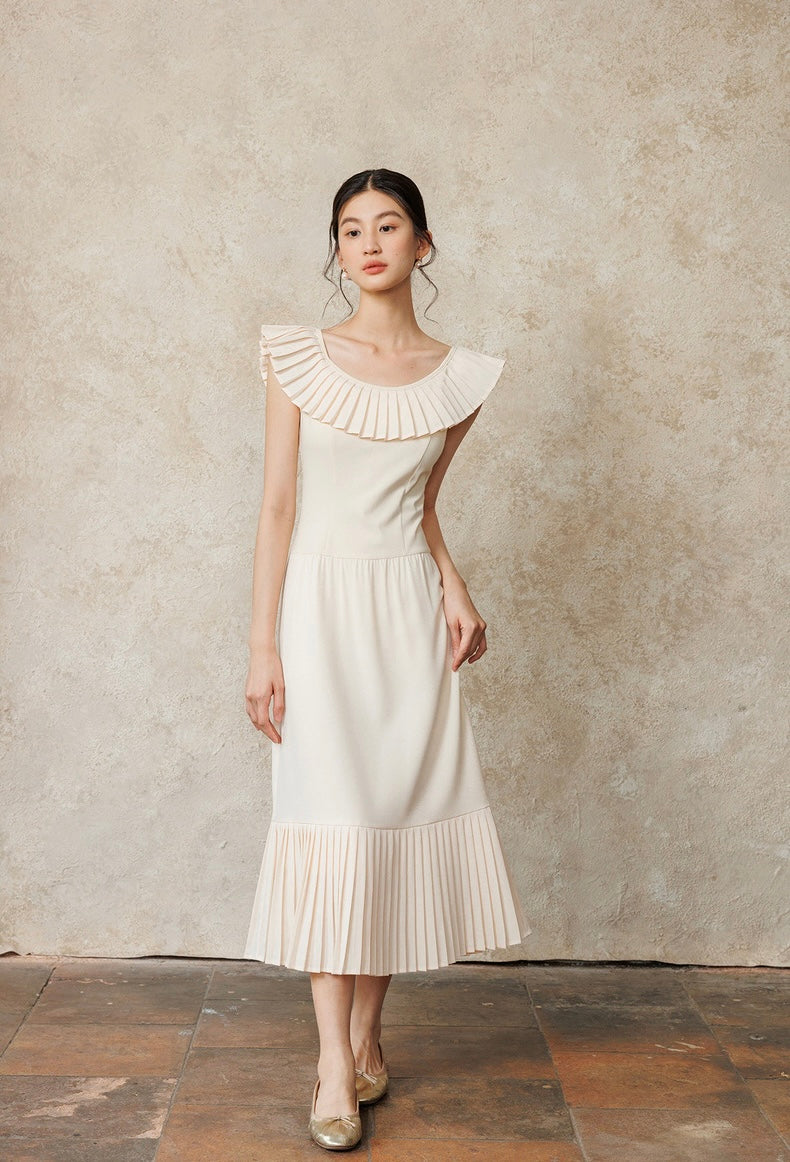 Tencel Blend Pleated Midi Dress in Cream