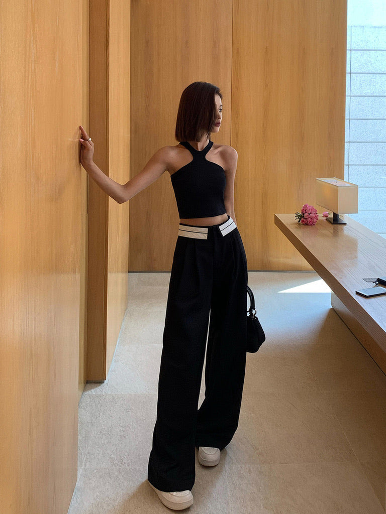 High Rise Contrast Wide Leg Trousers in Black